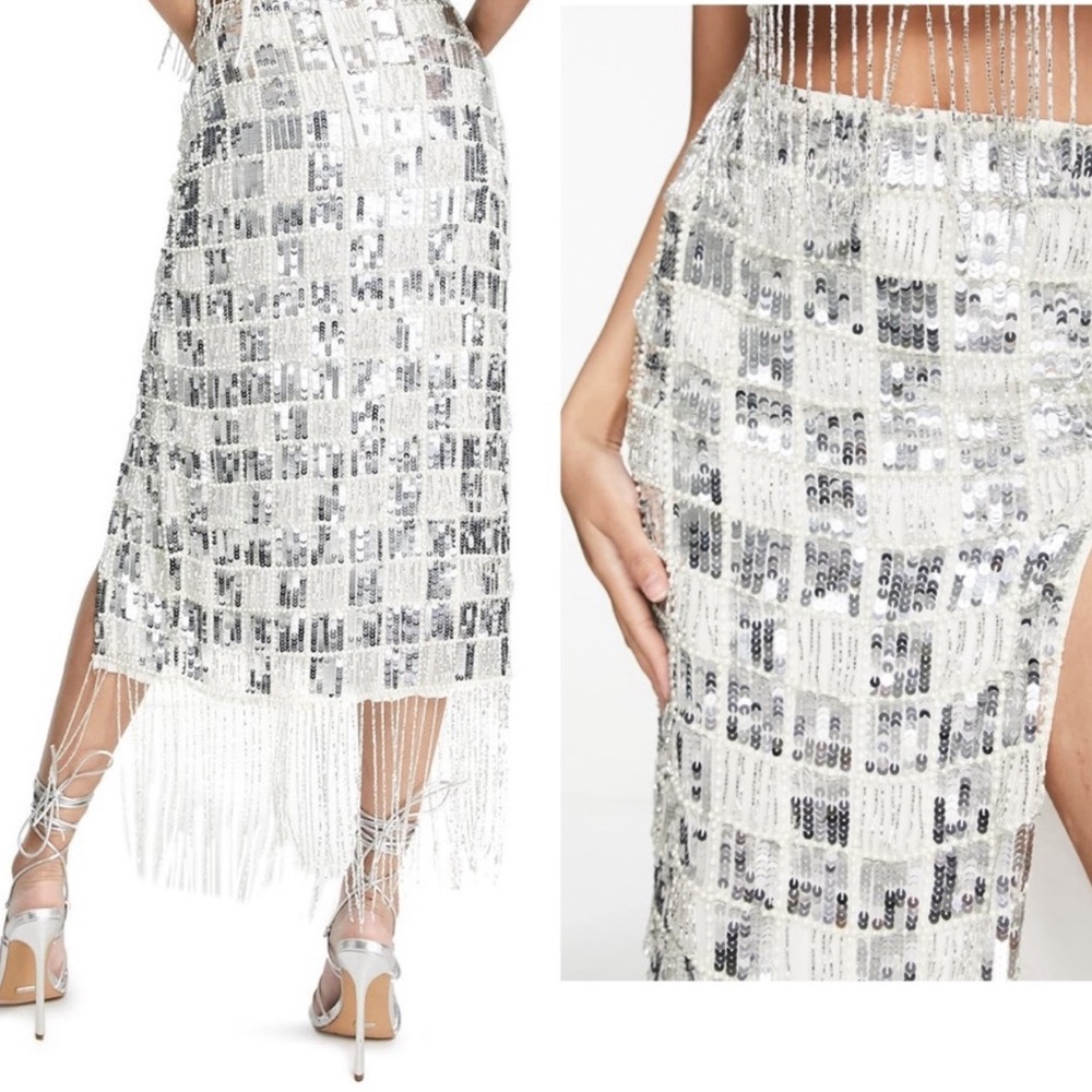 ASOS Edition Fringed Beaded Skirt // White/Silver size
US 2